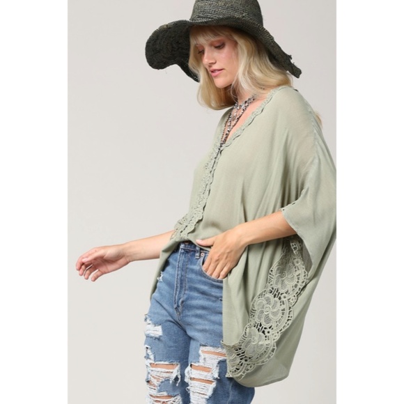 Olive Green Yoryu V-Neck Lace Trim Kimono Blouse Bohemian Casual Top - Picture 3 of 4